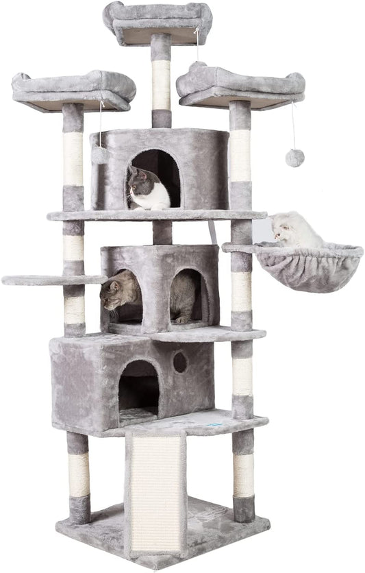 XL Cat Tree, 73.4 Inch Cat Tower with 3 Caves, 3 Cozy Perches, Scratching Posts, Board, Activity Center Stable for Kitten/Big Cat, Light Gray MPJ032W