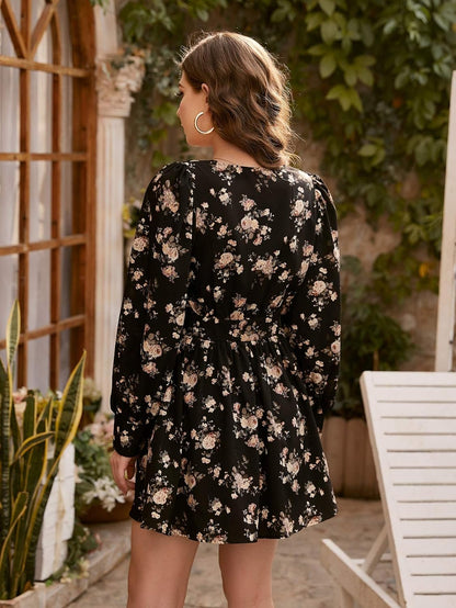 Women'S Floral Long Bishop Sleeve Mini Short Dress Wrap V Neck High Waist a Line Dresses Solid Black Large