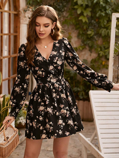 Women'S Floral Long Bishop Sleeve Mini Short Dress Wrap V Neck High Waist a Line Dresses Solid Black Large