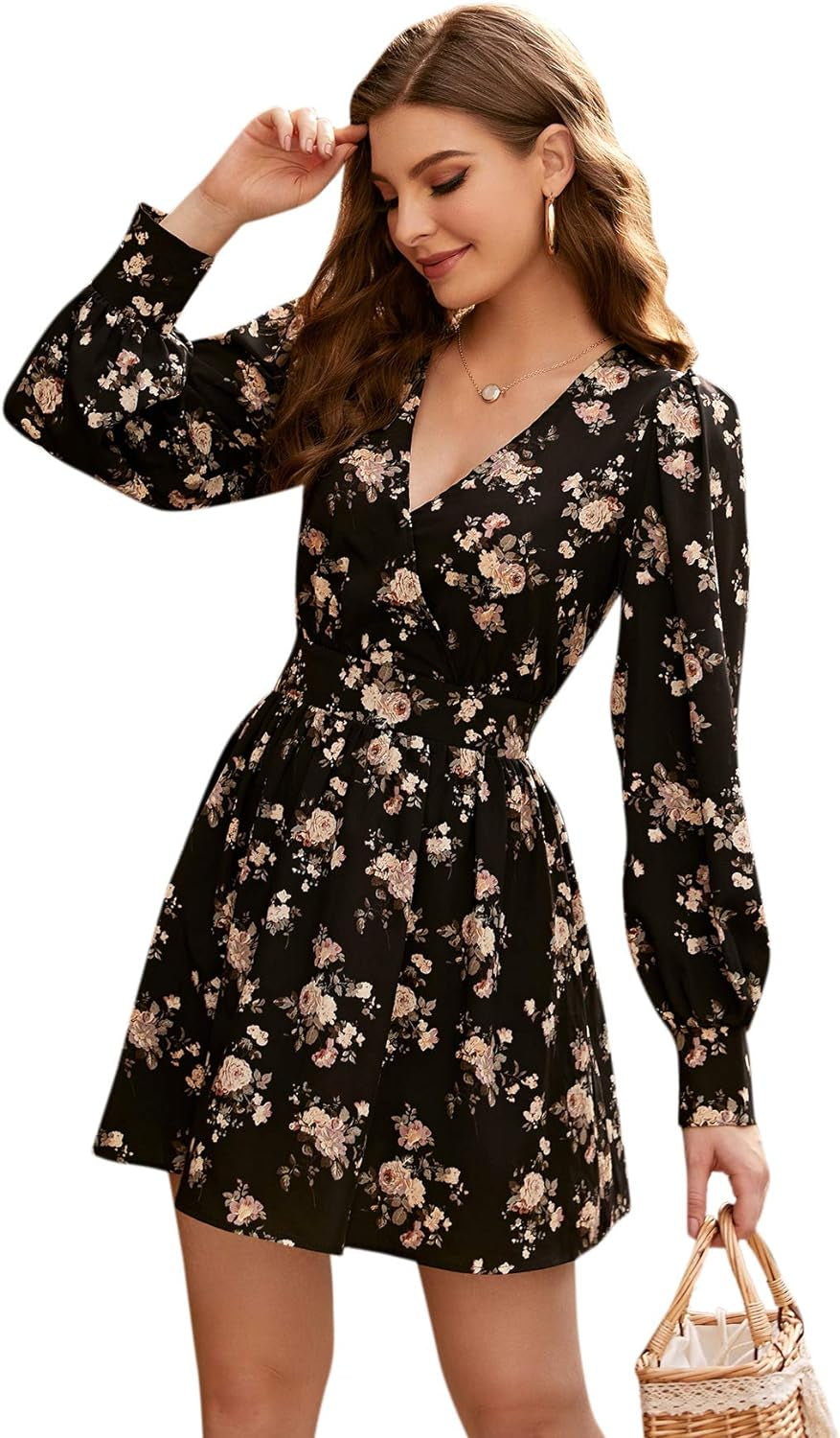 Women'S Floral Long Bishop Sleeve Mini Short Dress Wrap V Neck High Waist a Line Dresses Solid Black Large